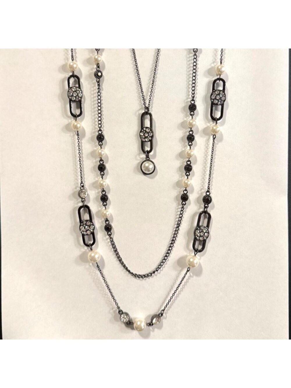 Stack of 3 Faux Pearl Crystal Long Black Chain Necklaces 16" 30" 36"